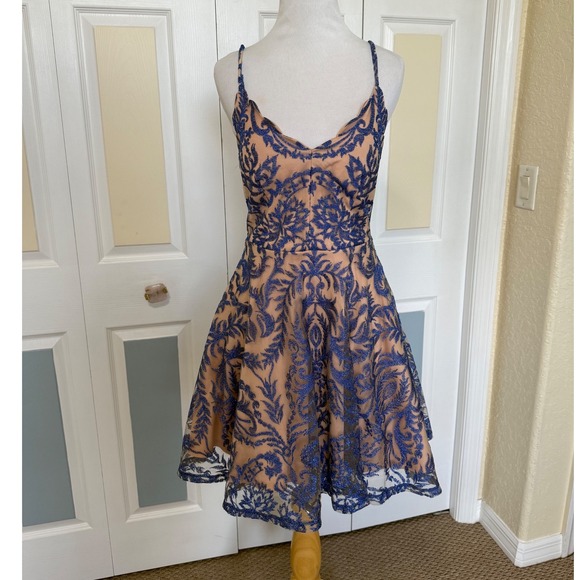 Jodi Kristopher Blue Floral Embroidered Fit & Flare Mini Homecoming Prom Dress 3 - Picture 1 of 9